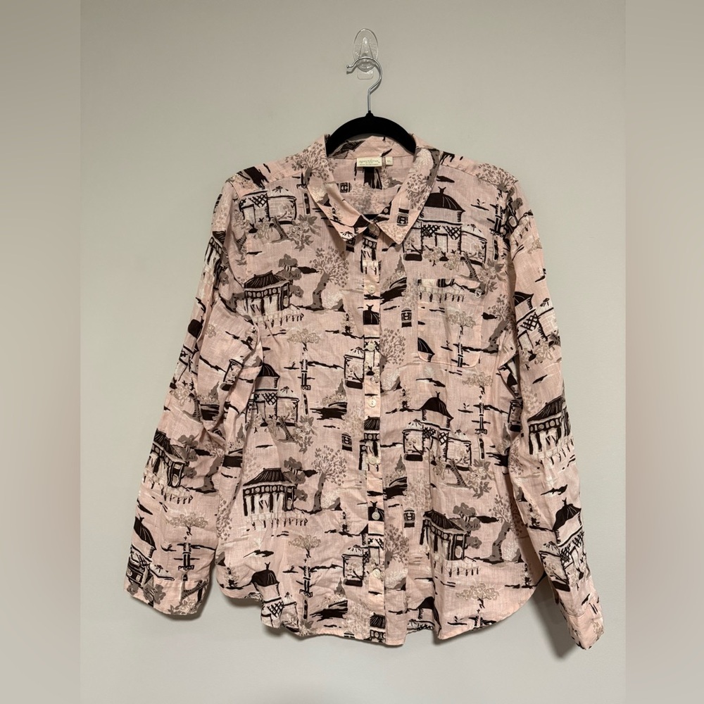 Spartina 449 Pink Asian Inspired Linen Button Down Top Size XL Old Money Resort